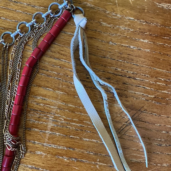 Lucky Brand Bohemian Silver and Red Necklace with leather tassels. - Picture 3 of 5